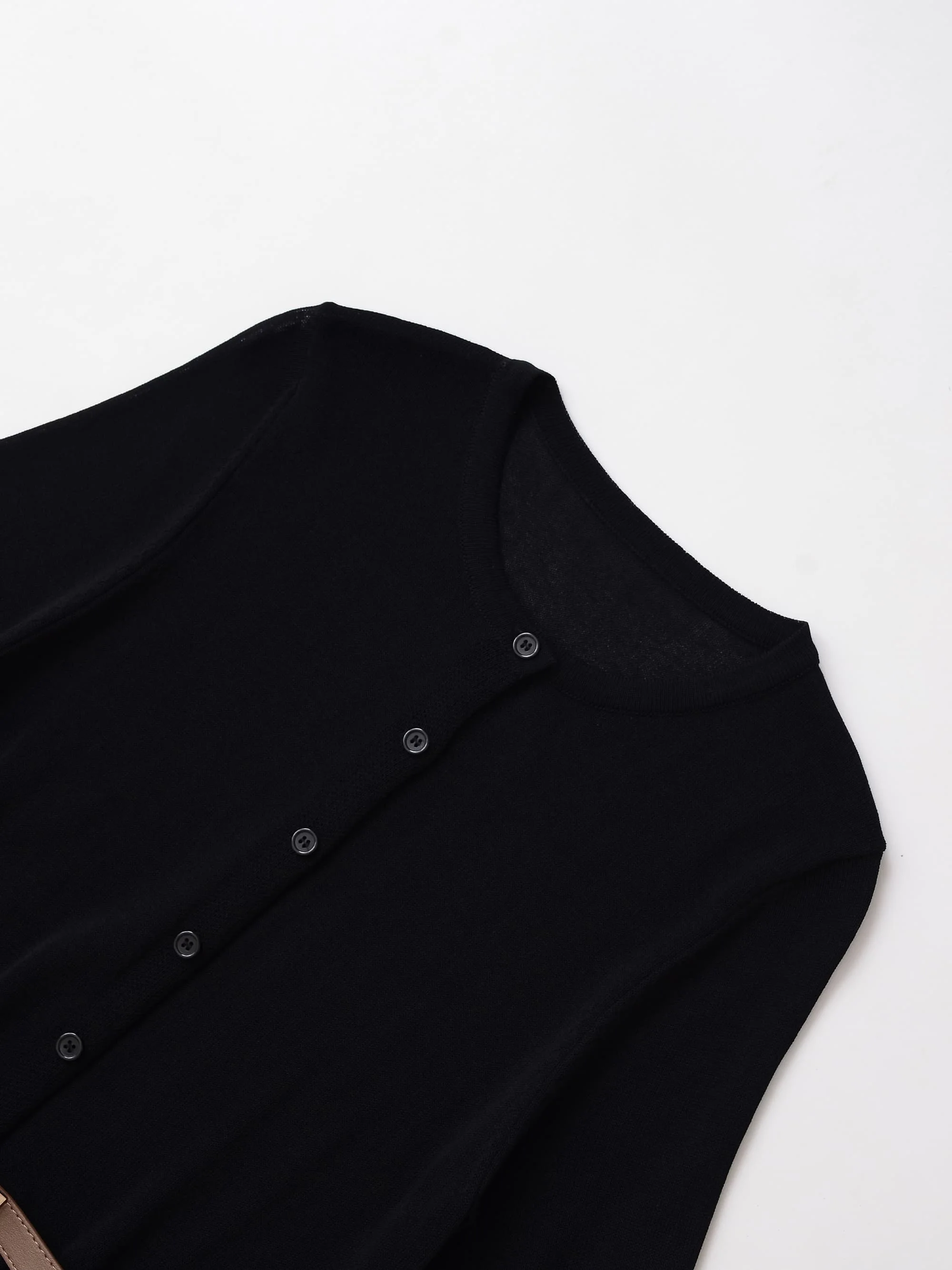 Women's Black Short Sleeves With Belt Embellishment Knitted Cardigan Jacket Female Casual Fashion Simple Elegant Tops Streetwear