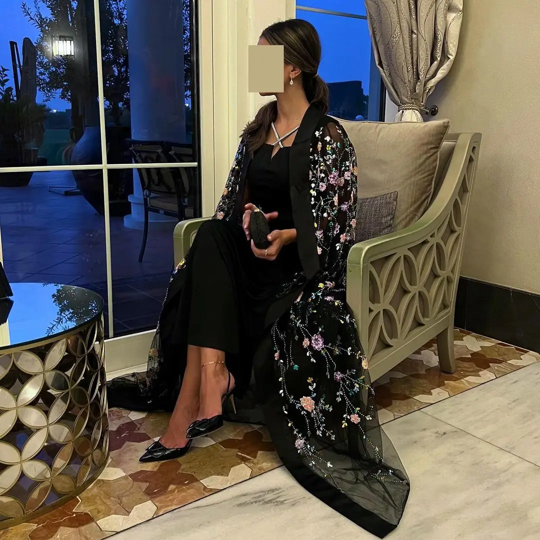 

Saudi Arabia Black 3D Flowers Sequins Prom Dresses Cape Two Piece Ankle-Length Formal Evening Dresses Robes De Party Gowns