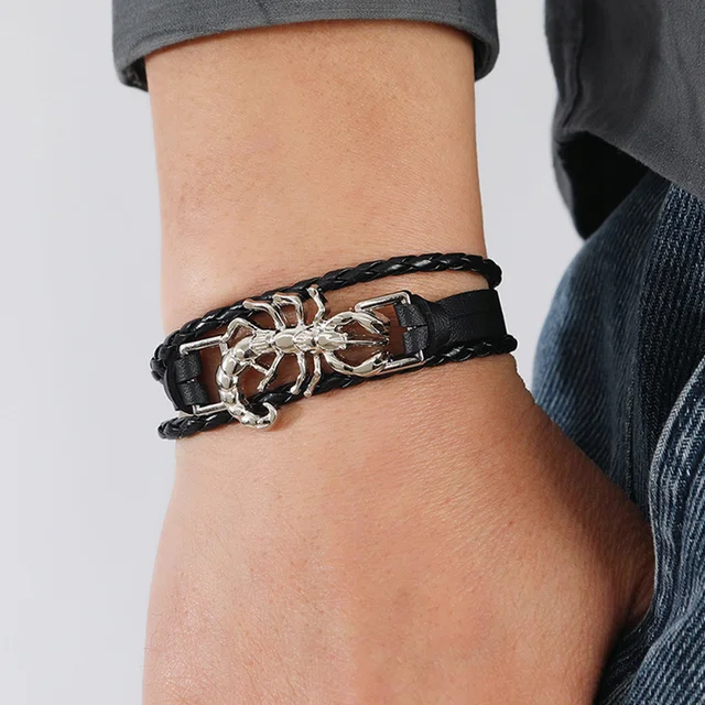 2Pcs Mens Punk Bracelet Scorpion Cuff Braided Wristband Goth Personalized Stylish Accessories Mens Bracelet