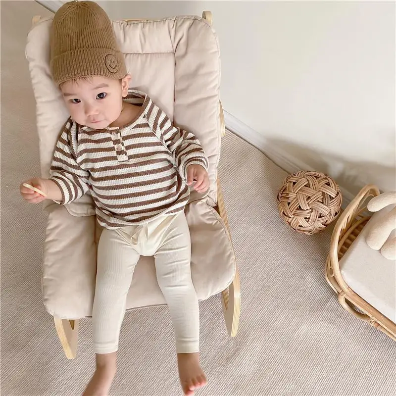 0-3Years Newborn Baby Boy Girl Spring Autumn T-shirt Casual Long Sleeve Striped/Solid Beige Knit Tops Tee Outfits Baby Clothes