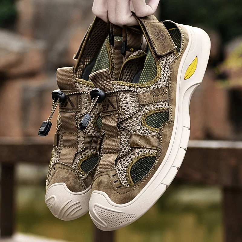 

Сандалии мужские сетчатые с закрытым носком, спортивные босоножки с прорезями, Нескользящие, с защитой от пота, уличные спортивные тапочки, лето 2022