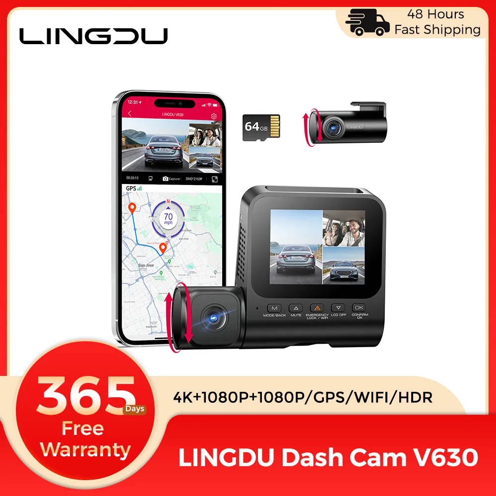 LINGDU Dash Cam 3 Channel V630, 4K 1080P 1080P WiFi GPS IR night vision 24H parking monitor loop recording HDR car DVR