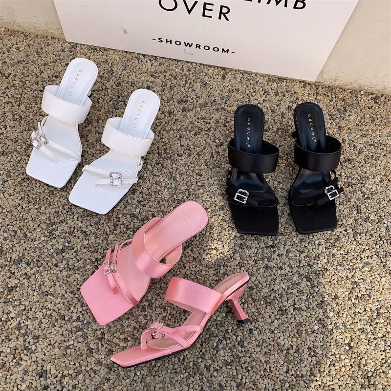 2023 New Rhinestone Transparent Chevron, Square Toe, Thin Heel, High Heeled Sandals, Women's Summer Wear