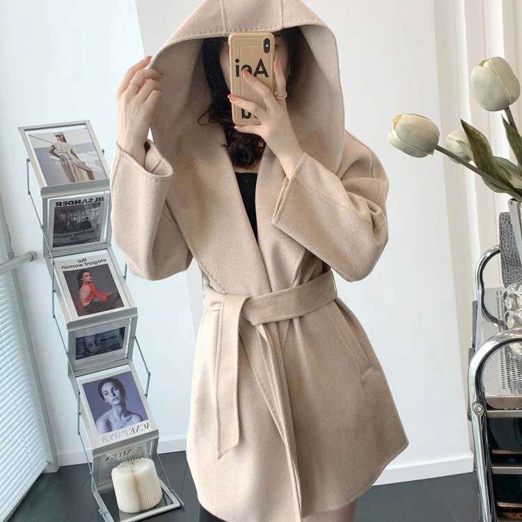 Women's Hooded Coat, 100% Cashmere Short Coat, High Quality Water Rippled Cashmere Mara Coat, Brand Women Coat, New Winter Style