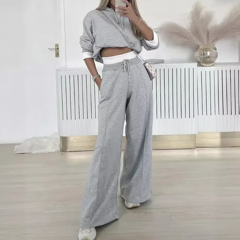 2024 Spring Autumn New Loose Sports Suit Women Long Sleeve Hooded Sweatshirt Drawstring High Waist Pocket Wide Leg Pants Suit 2