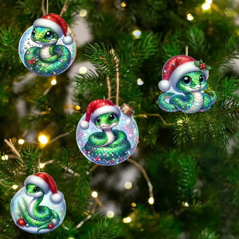 Christmas decorations snake Christmas tree ornament flat 2D acrylic cartoon snake pendant festive Santa hat ornament for New Year car decor