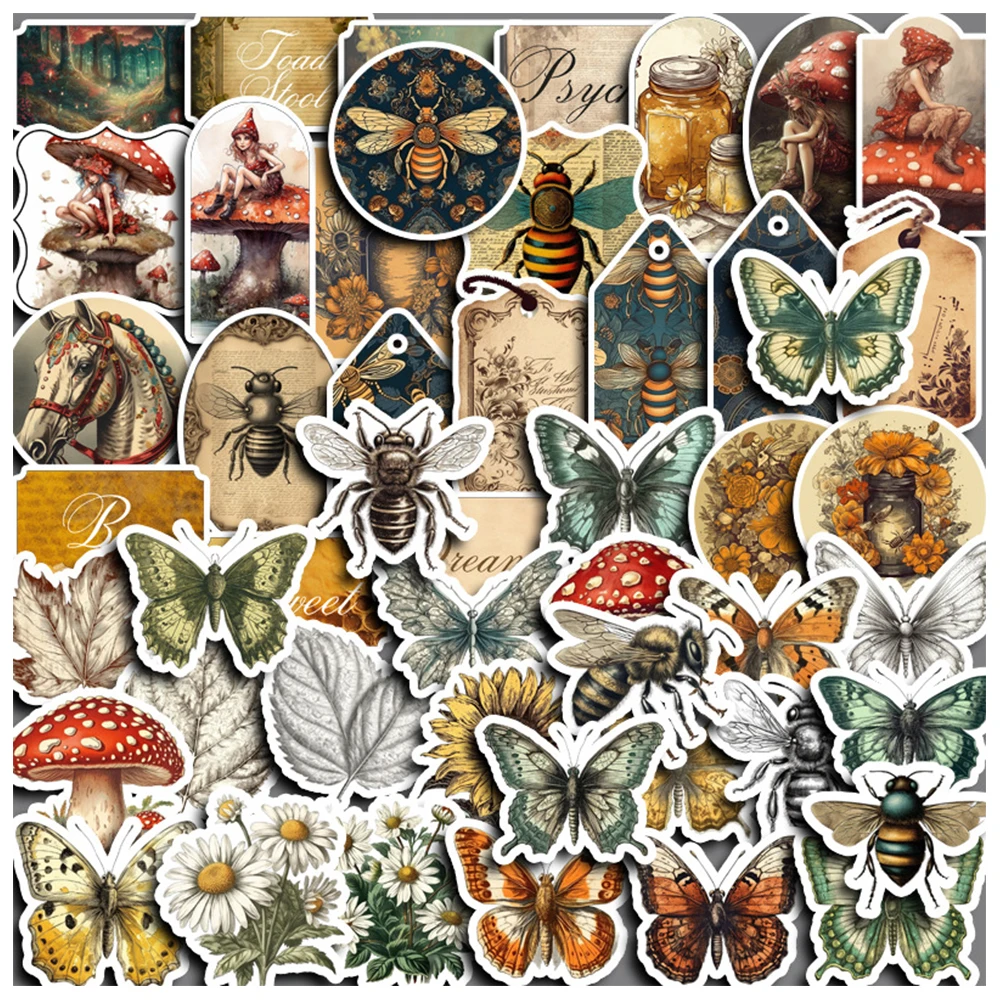 10/30/50PCS Vintage Forest Butterfly Cartoon Decoration Stickers DIY Scrapbooking Laptop Stationery Retro Decal Toy Sticker Pack journamm 55pcs box ins style stickers scrapbooking junk journal original vintage decoration paper creative stationery stickers