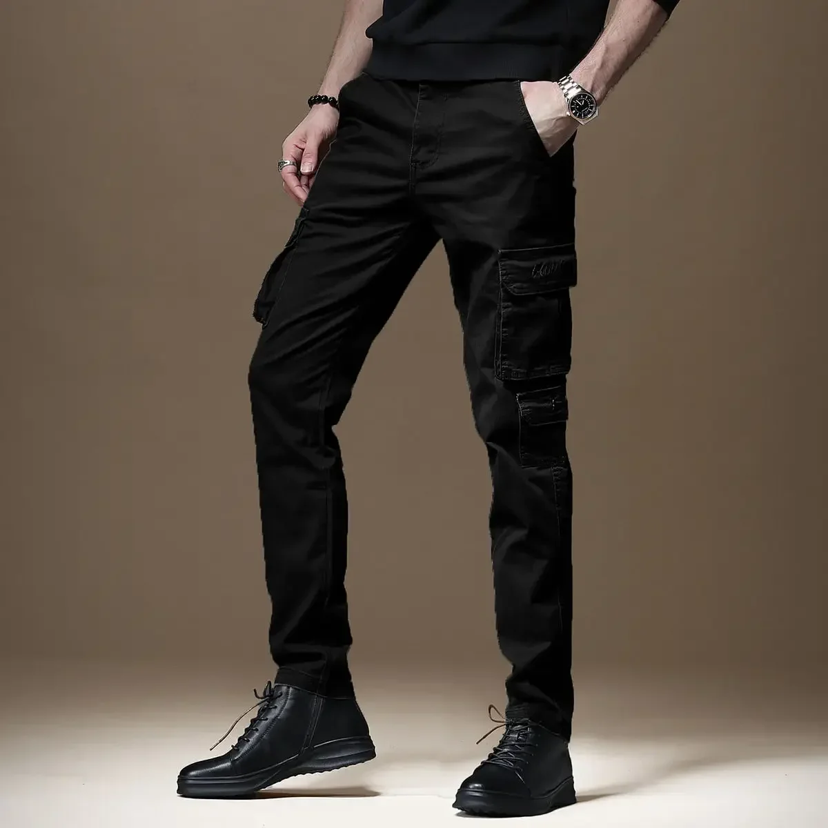 thumbnail image 1 of Pantalones de motociclista para hombre, pantalones cargo de otoño para hombre, ropa de trabajo negra, ropa ajustada, de alta calidad, holgados, más baratos, informales, Emo Y2k, 1 of 5