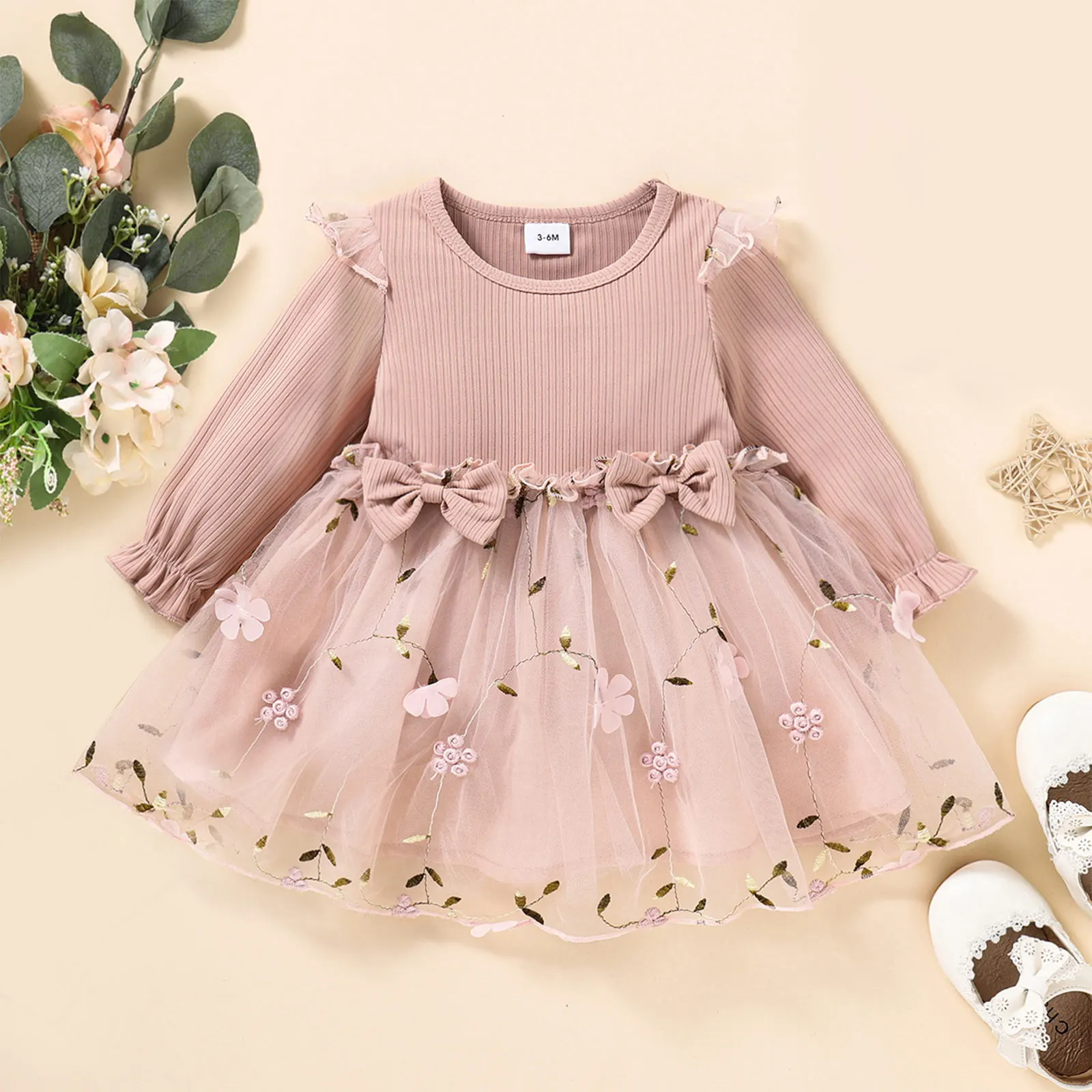 

Toddler Baby Girls Princess Dress Long Sleeve Ribbed Knitted Flower Mesh Tulle Tutu Dresses for Birthday Party Banquet Wedding