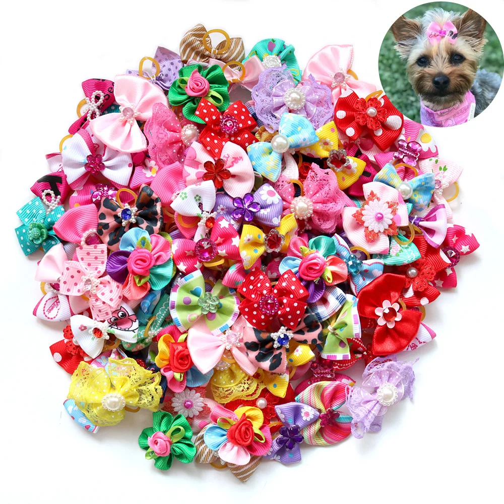 100X Handmade Nice Pet Dog Hair Bows for Puppy Small Dogs Grooming Bows