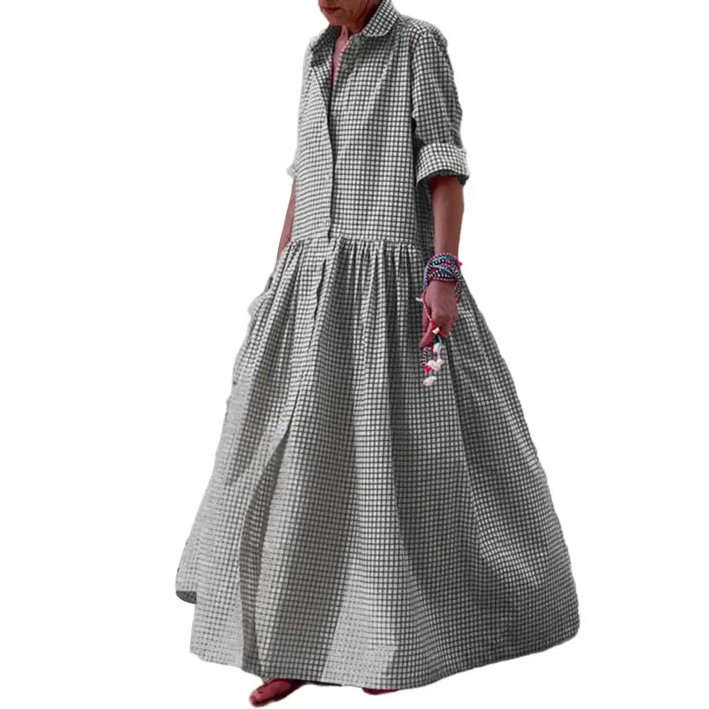 

Women Fall Spring Dress Lapel Plaid Print A-line Big Hem Long Sleeve Single-breasted Pleated Loose Full Length Lady Maxi Dress