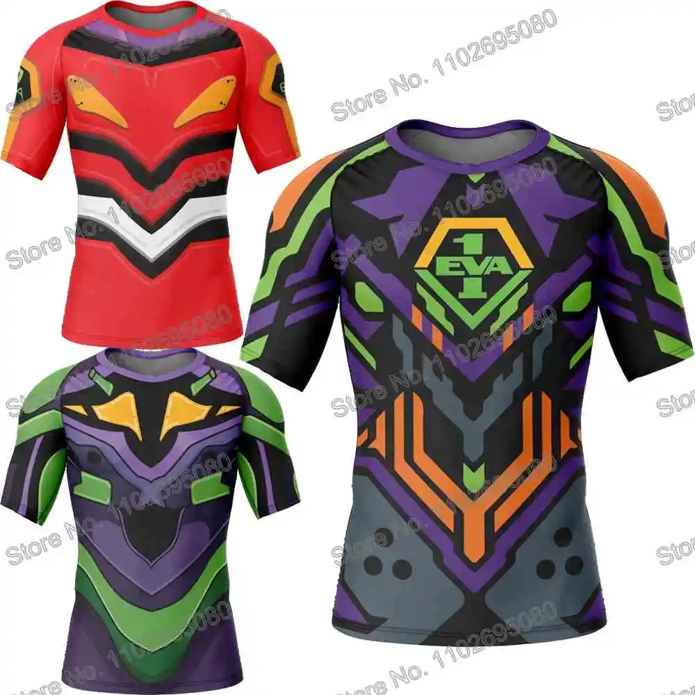 Evangelion Surf Clothing BJJ MMA Men Rash Guard Short Sleeve Diving T-Shirt Tight Swimwear Summer Beach Floatsuit Anime GYM Tops