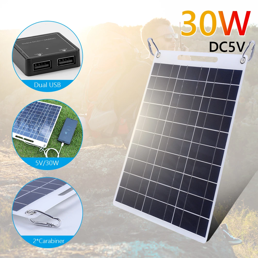 Panel Solar de 30W, cargador de batería para teléfono celular de 12 18V, Banco de energía USB Dual de polisilicio, paneles impermeables| - AliExpress