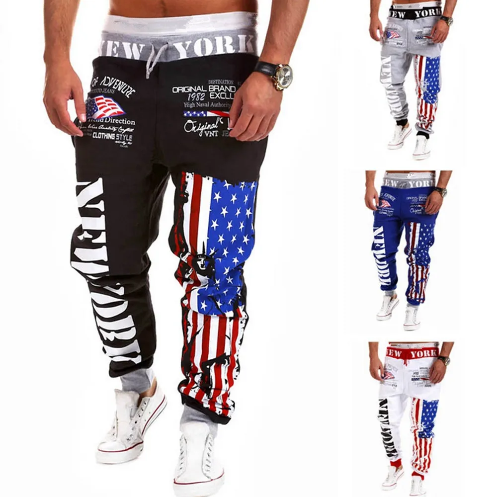America Flag Pattern Mens Cotton Harem Pants Elastic Waist Casual Pants