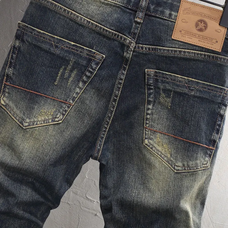 Fashion Designer Men Jeans High Quality Retro Washed Blue Stretch Slim Fit Ripped Jeans Men Italian Style Vintage Denim Pants