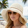 Fashion Crochet Womens Seaside Foldable Straw Weave Sun Straw Hat Wide Brim Real Straw Floppy Trilby Bow Summer Beach Sun Hat 1