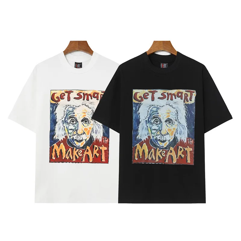 

American Trendy Cartoon Einstein Graffiti Portrait Printed Round Neck Cotton Short sleeved T-shirt