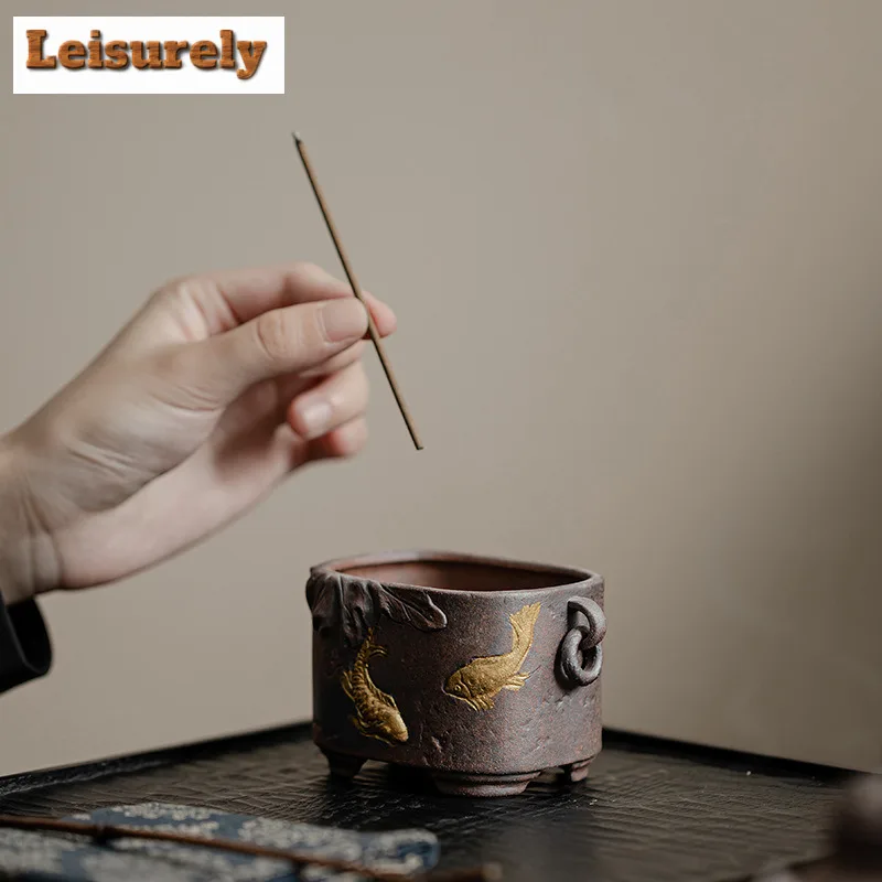 Gold Koi Fish Fragrance Insertion Holder Chinese Aromatherapy Stove Four Legged Art Thread Incense Stand Home Desktop Ornament