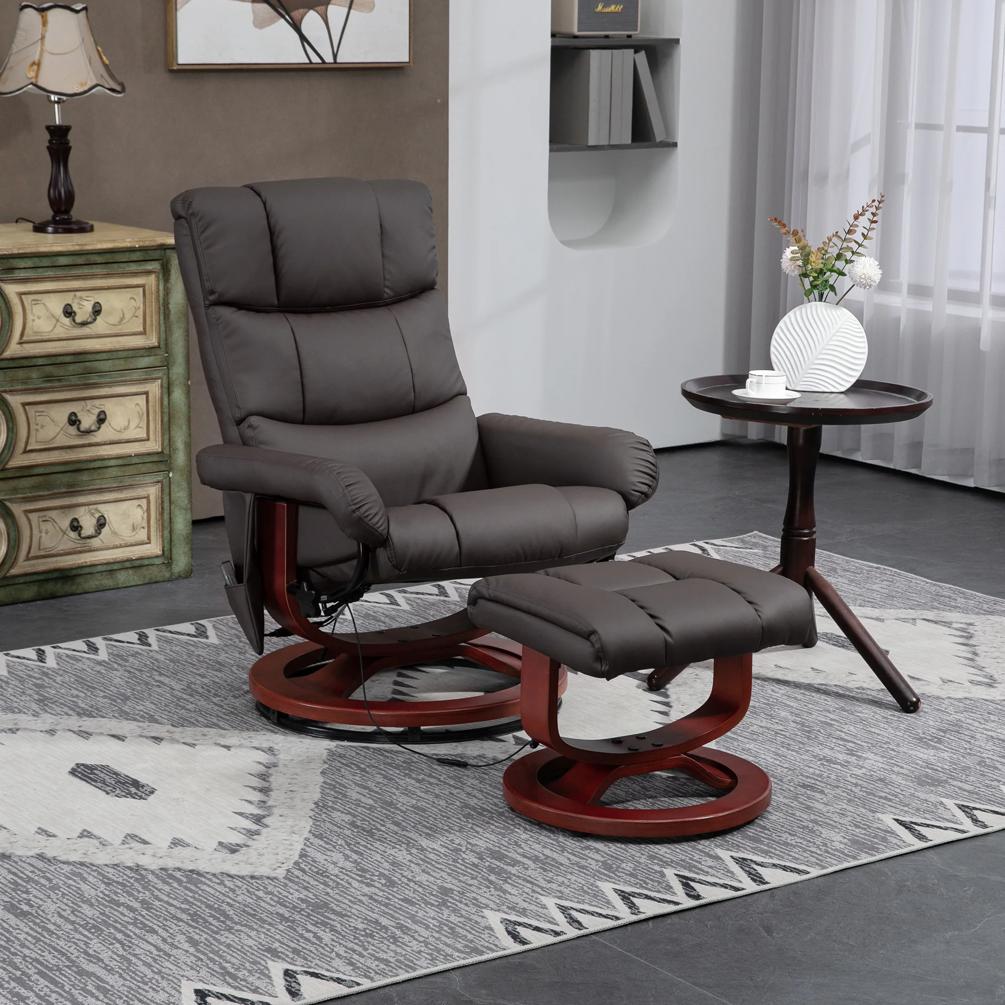 Recliner Chair with Ottoman, Swivel Wood Base, Remote and Side Pocket, Grey