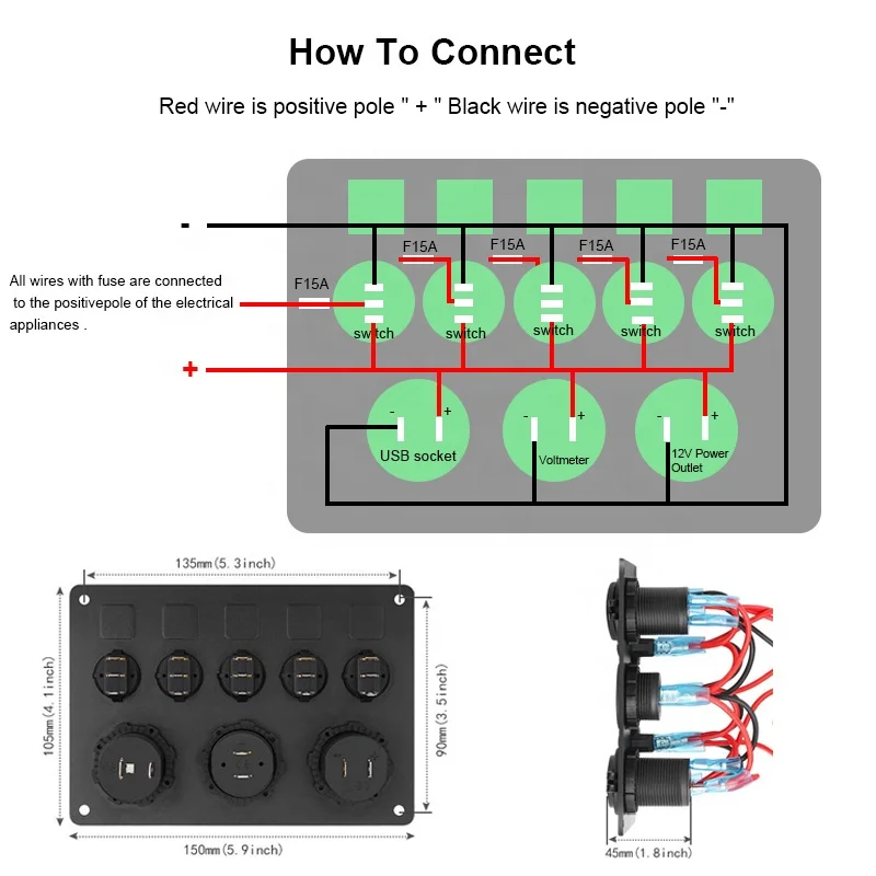 Waterproof DC 12V 24V Panel 8 gang Led Rocker Switch 4.2A USB Charger Rocker Switch Control Panel for Marine Car Boat