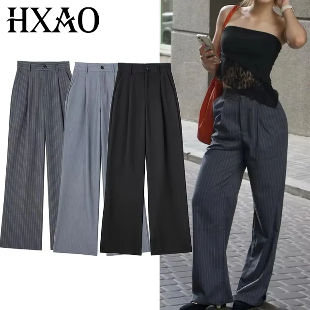 HXAO Women's Formal Pants Office Wear Women Striped Grey Black Pants Woman High Waist Baggy Suit Pants Casual Wide Leg Trousers