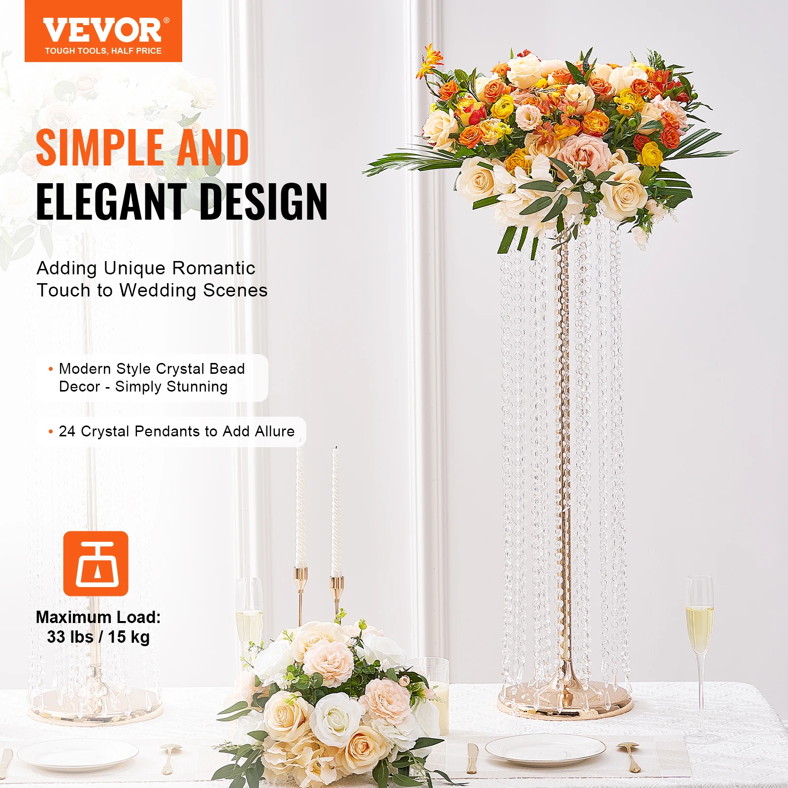 VEVOR 4PCS 35.43inch Tall Crystal Wedding Flowers Stand Luxurious Centerpieces Flower Vases Crystal Gold Vase Metal for Wedding