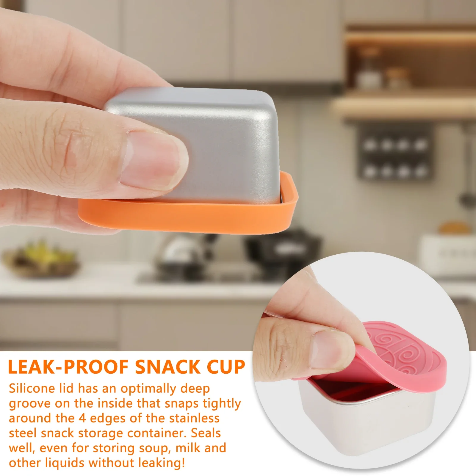 4Pcs Stainless Steel Snack Salad Box with Silicone Lid 2/6oz Leakproof Portable Stackable Sauce Container Dressing Food Storage 5
