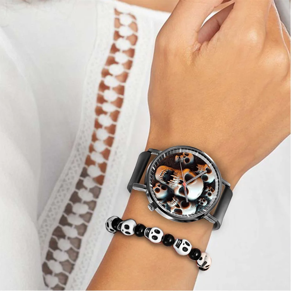 Fashion 2024 Hot White Skull Design Men's and Women's Quartz Watch Casual Black Silicone Gift Clock Wristwatch 5