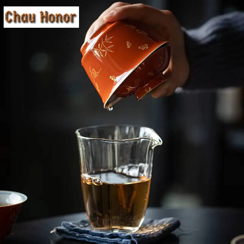 110ml Antique Alum Red Bronzing Plum Bamboo Pine Covered Bowl Tea Cup Household Ceramic Gaiwan Kung Fu tea set Tea Ceremony Gift