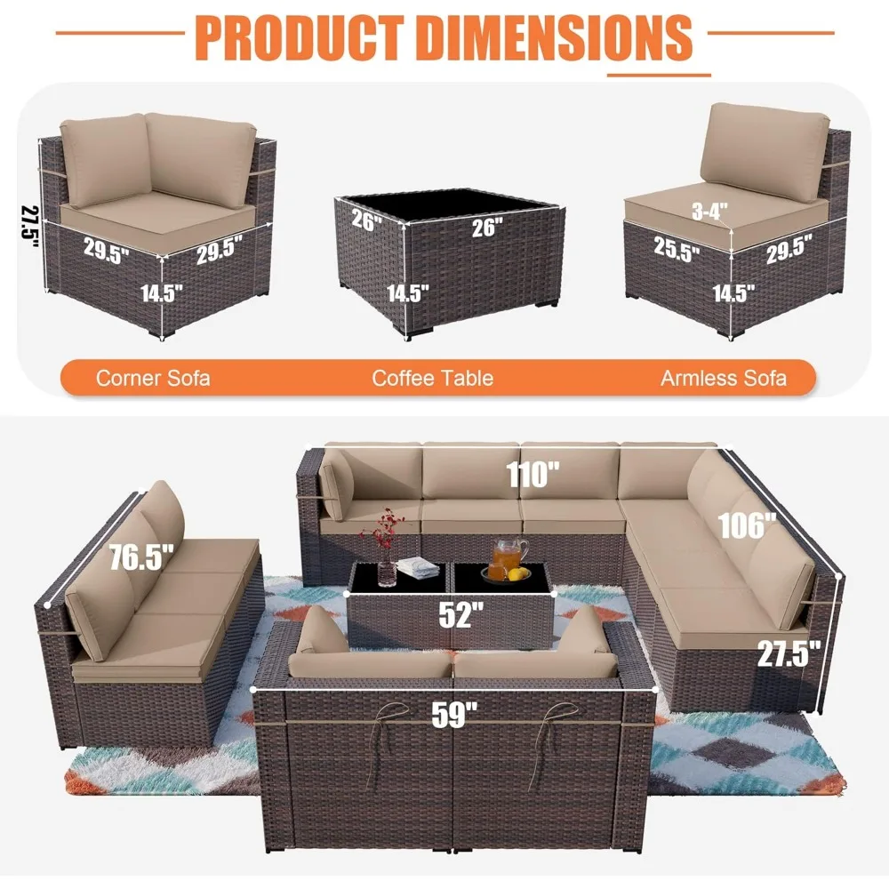Patio Furniture Set Sectional Sofa Sets Brown PE Rattan Patio Conversation Set w/12 Khaki Seat, Garden Sofas 3