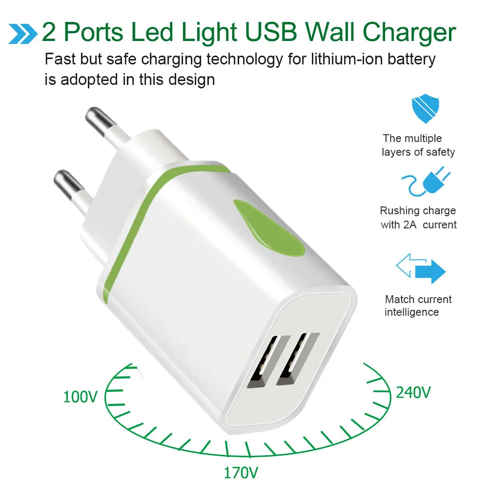 Dual Port 2A Output USB Wall Charger Travel Plug Power Adapter Quick Charge 3.0 Compatible for iPhone Samsung Xiaomi Phone