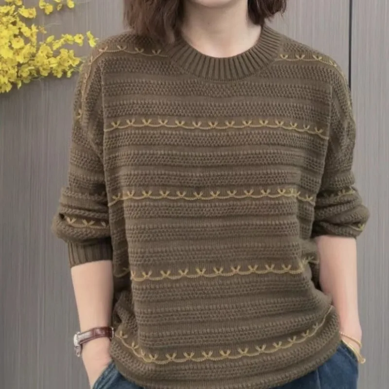 

Women's Autumn Winter Pullover Solid Round Neck Patchwork Screw Thread Lantern Long Sleeve Sweater Knitted Casual Elegant Tops