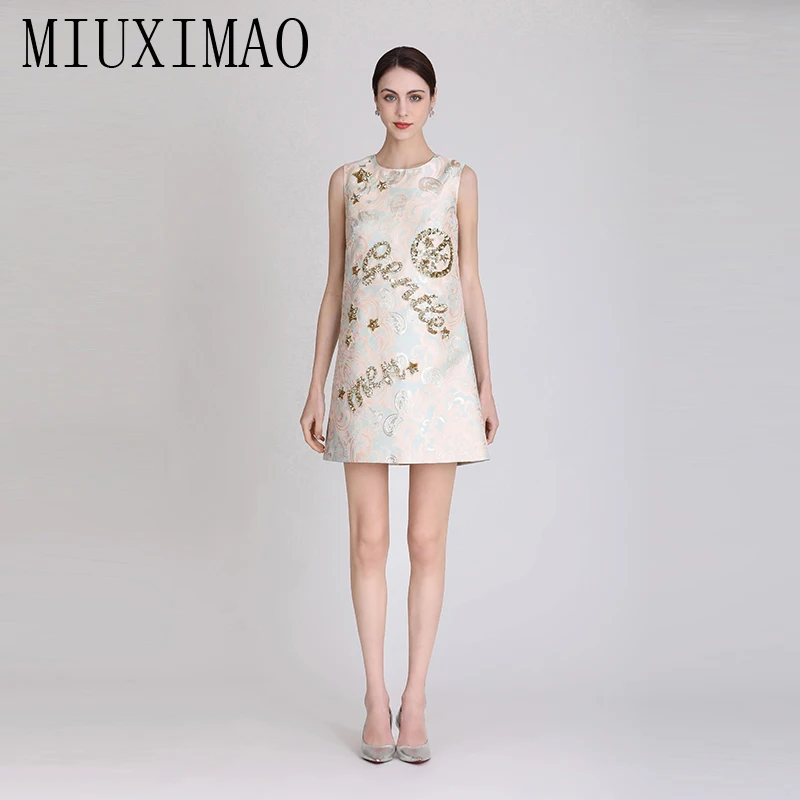 

MIUXIMAO 2023 High Quality Spring&Summer Elegant Dress Sleeveless O-Neck Jacquard Letter Fashion Mini Dress Women Vestide