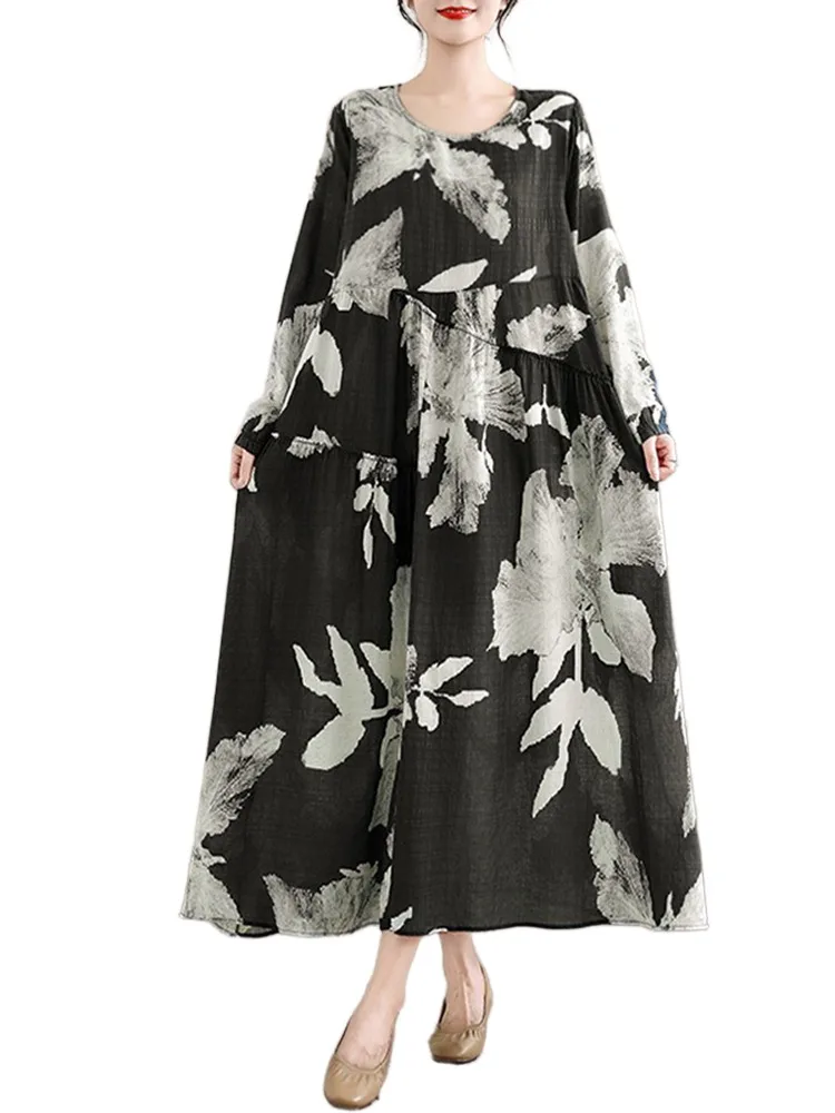 2025 Spring Autumn Cotton Long Sleeve Print Vintage Dresses Women Casual Loose Long Dress Office Lady Vestidos Elegant Clothing