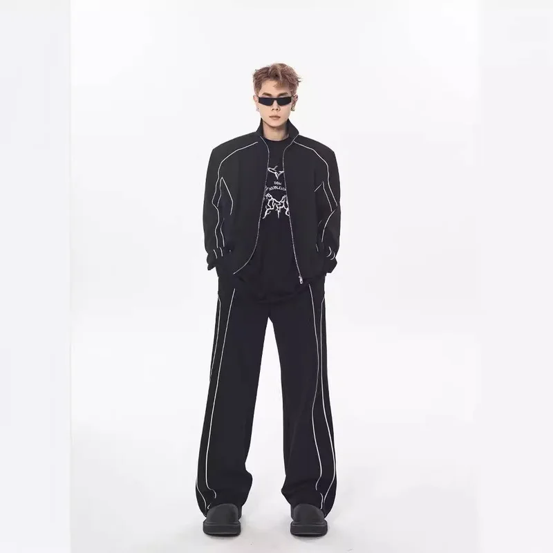 남성용 캐주얼 수트, 루즈하고 부드럽고 편안한 디자인 가디건, 스탠드업 칼라 재킷, 와이드 레그 팬츠, 트렌디 한 2 피스 세트