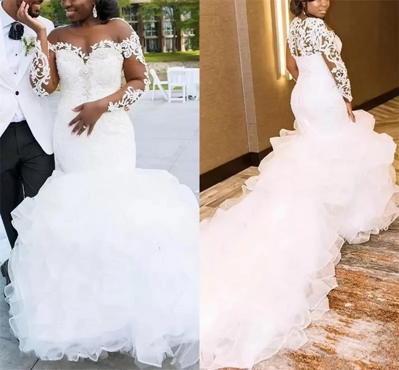 

Женское свадебное платье с длинным рукавом, оборками и шлейфом