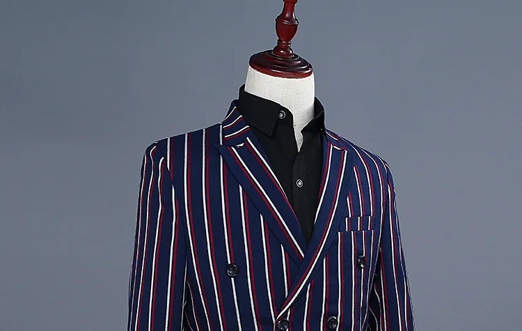 White red Double Striped Navy blue Suit Tuxedo Men's Wedding Party Dress Jacket and Pants Fashion Slim Men Blazer Coat Trousers