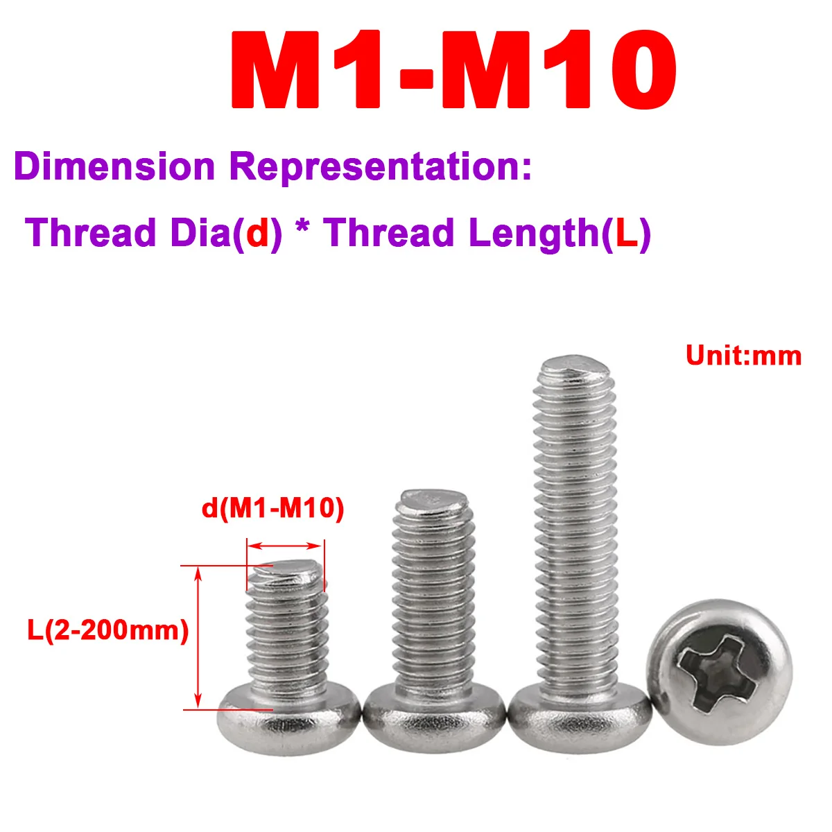 

304 Stainless Steel Cross Round Head Bolt Pan Head Flat Tail Machine Tooth Electronic Small Screw M1M1.2M1.4M1.6M2