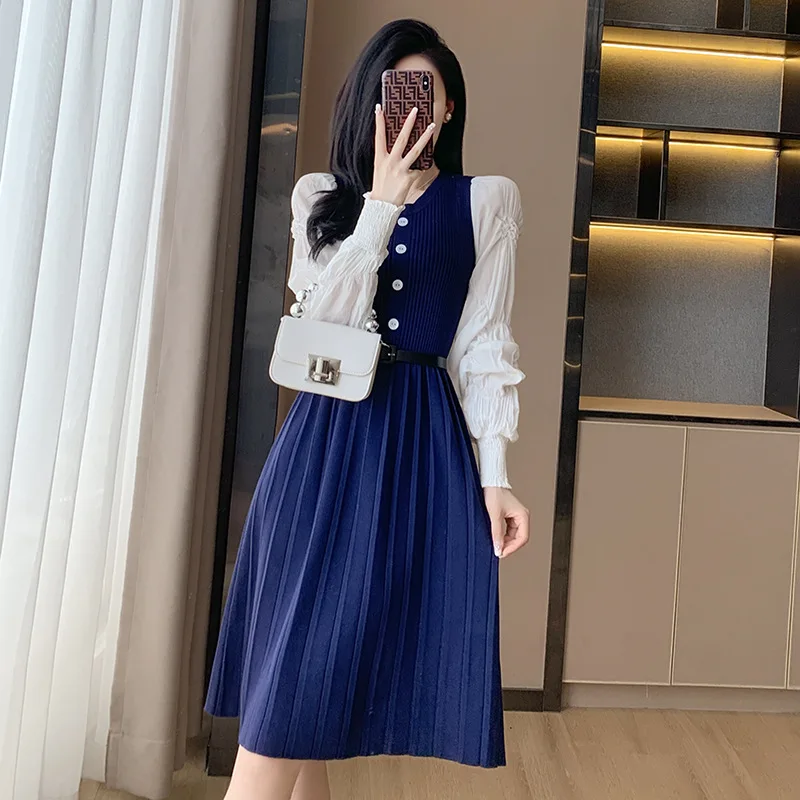 

#1008 Black Blue False Two Piece Sweater Dress Women Office O-Neck Buttons High Waist Knitted Pleated A-line Dress Knee-length