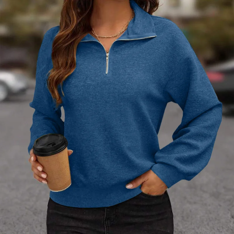 Womens Autumn and Winter Fashion New Pullover Zipper T Shirt Solid Color Splicing Loose Comfortable Versatile Long Sleeves Tops