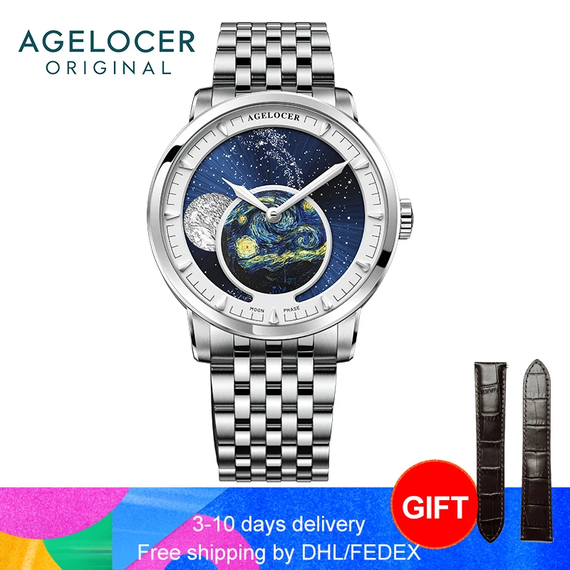 Agelocer-男性用の自動機械式時計,月の効果,天文学,ゴッホの油絵,高級 