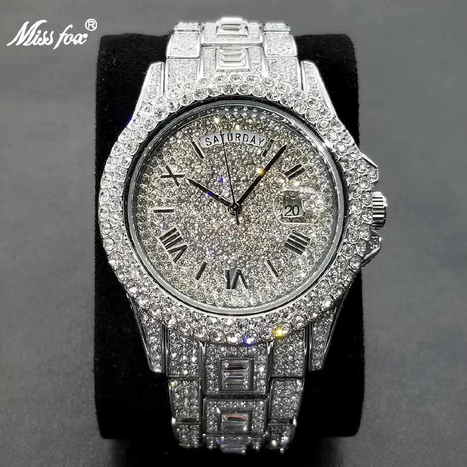 

BEST Ice Out Day Date Men Watch Luxury Moissanite Silver Clock Hip Hop Stainless Steel Dual Calendar Waterproof Watches 2021 New