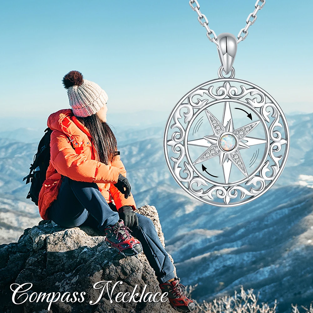 925 Sterling Silver Compass Necklace Rotatable Opal Baroque Compass Pendant Graduation Friendship Travel Jewelry For Women