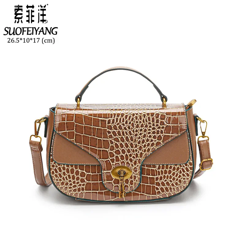 Women's Versatile Contrast Color Handbag Stone Pattern Shoulder Messenger 2024 New Saddle Bag