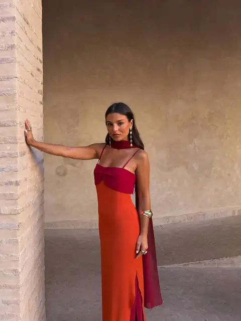 Robe longue de soirée pour femme à bretelles fines, col écharpe, color block, fente haute, longueur ras du sol, pour fêtes