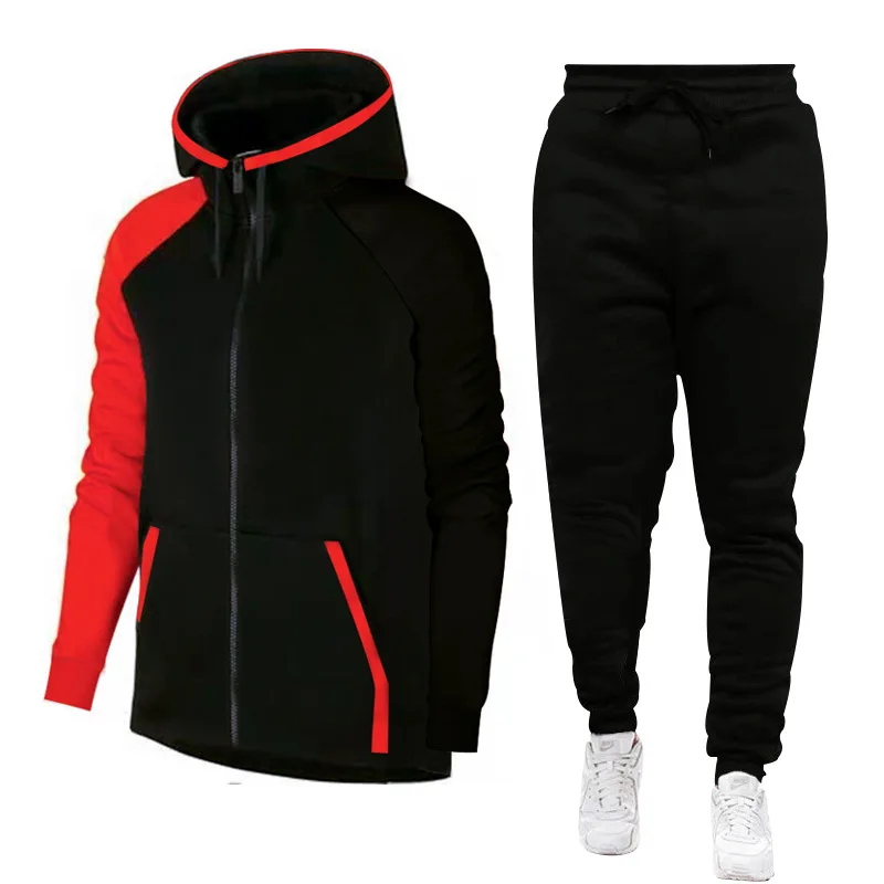 Hooded Color Matching Set Sportswear Patchwork Fashion Jacket Jacket Long Sleeved Set Sportswear 2023 Set  Autumn and Winter Set