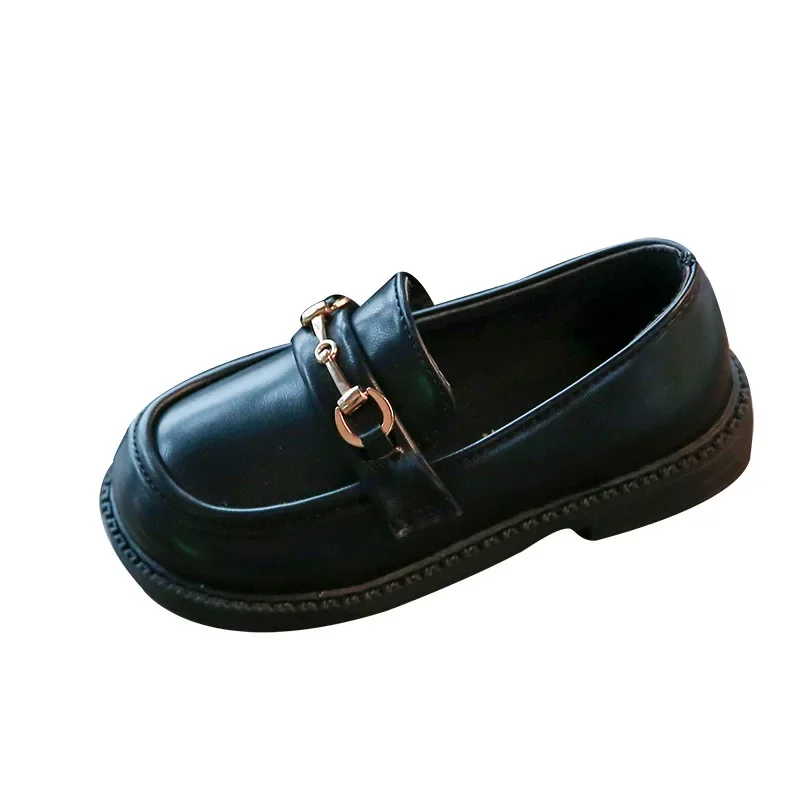 2024 Spring New Girls British Boys Leather Shoes Children Soft Mary Janes Metal Kids Fashion Casual Solid Black Slip-on Loafers 5