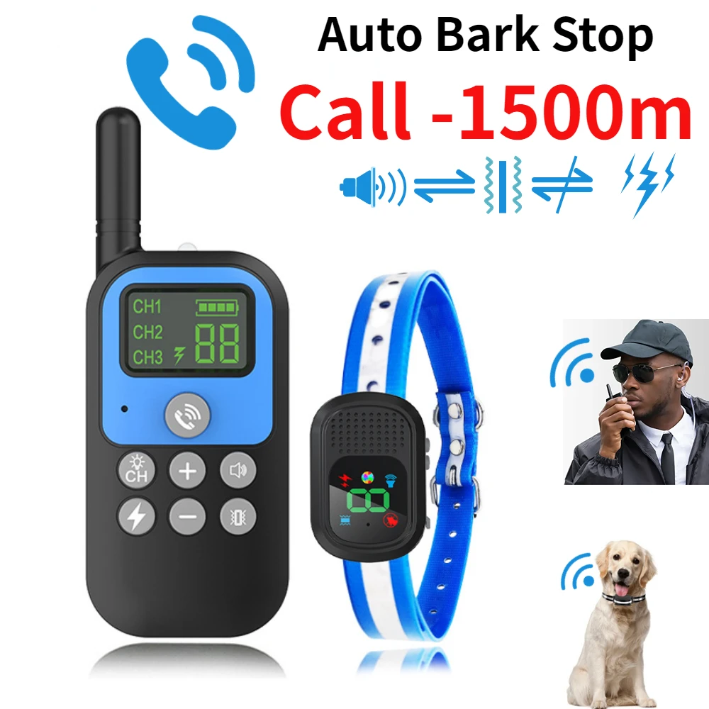 Pet Dog Training Collar 1500m Electric Dog Training Collar Voice Walkie-Talkie Pet Remote Control Waterproof Rechargeable For All Sizes Vibration Sound