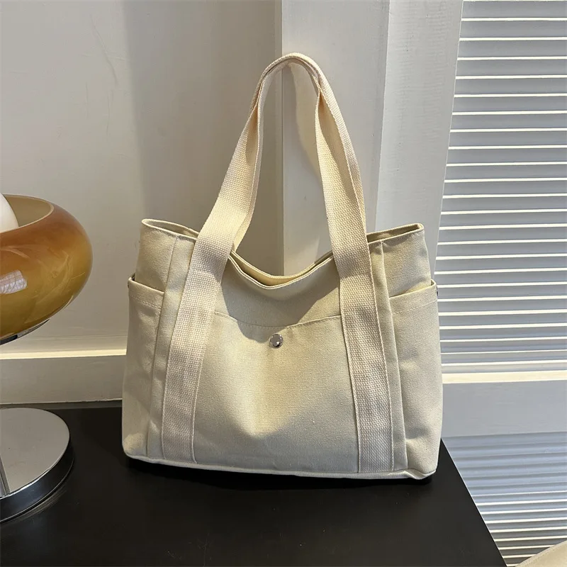 Canvas Tote Bags for Women Simple Mori Girl Popular Design Large Capacity Pocket Shoulder Bag All-match Student Commuter Handbag