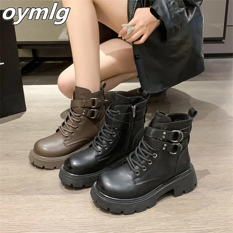 2023 Autumn/Winter New Single Boot Versatile Thick Bottom Lace up and Fleece Motorcycle Short Boots heels women